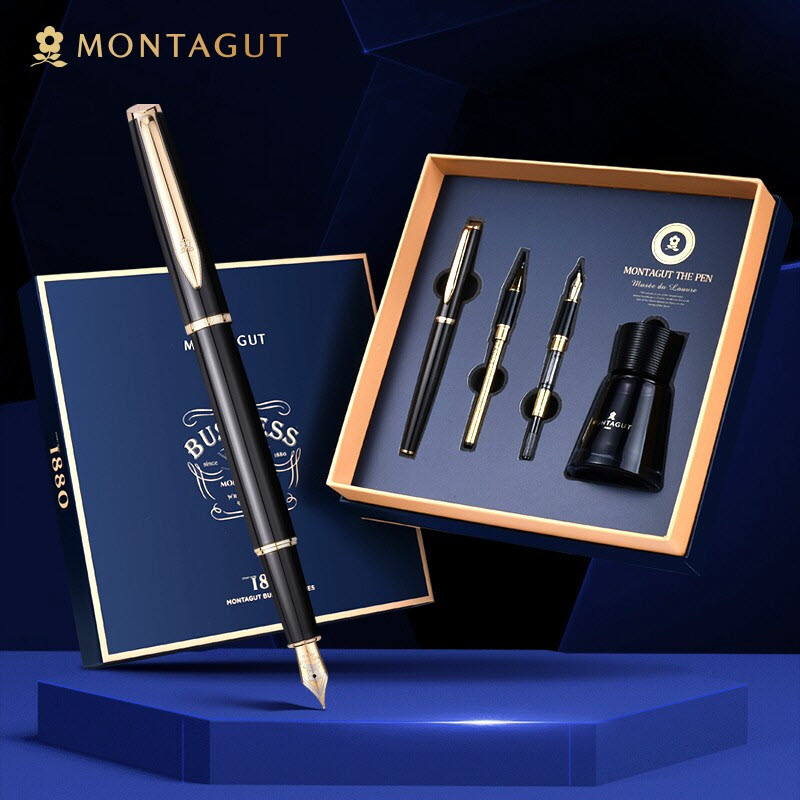 Bút ký tên Montagut 086 chính hãng màu đen cao cấp (tặng kèm 1 lọ mực và 2 ngòi thay thế)