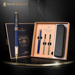 Set bút bi ký tên Montagut màu xanh cao cấp kèm 2 ngòi và bao da