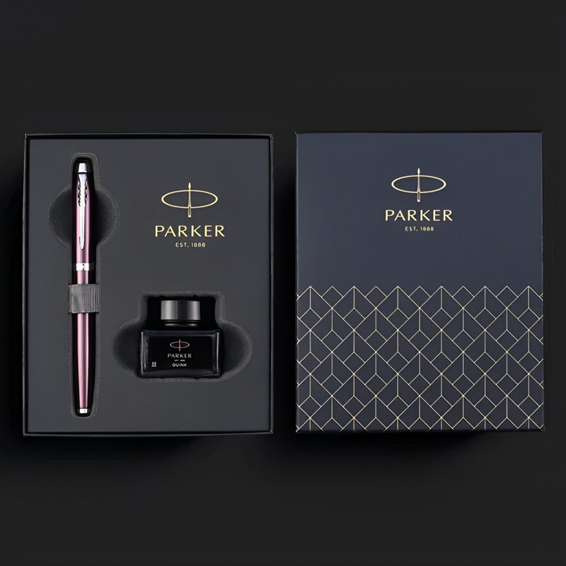 GiftSet bút máy ký tên cao cấp Parker PK874 màu tím kèm mực, hộp và túi hãng