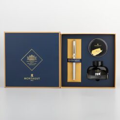 Set bút máy ký tên cao cấp MT 098 màu bạc kèm 1 lọ và 10 ống mực, hộp và túi hãng sang trọng