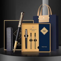 Set bút bi ký tên MT535 màu đen - nắp vân cao cấp kèm 2 ngòi và bao da