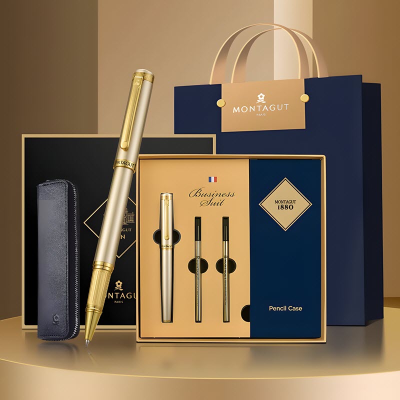 Set bút bi ký tên MT535 màu vàng ánh kim cao cấp kèm 2 ngòi và bao da